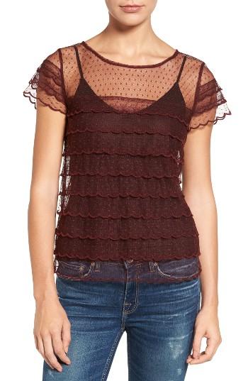 Women's Hinge Scalloped Mesh Top, Size - Burgundy