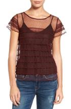 Women's Hinge Scalloped Mesh Top, Size - Burgundy