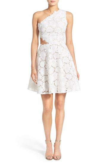 Women's Bliss Monique Lhuillier Guipure Lace One Shoulder Fit & Flare Dress