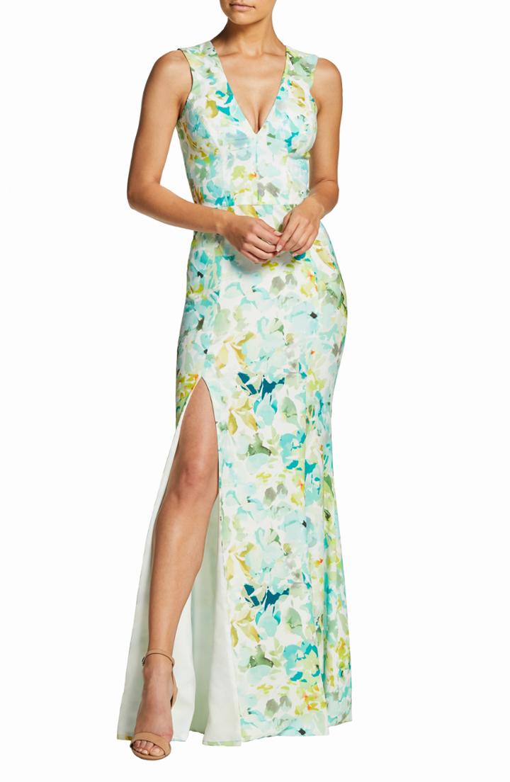 Women's Dress The Population Sandra Watercolor Plunge Crepe Trumpet Evening Dress, Size - Blue/green