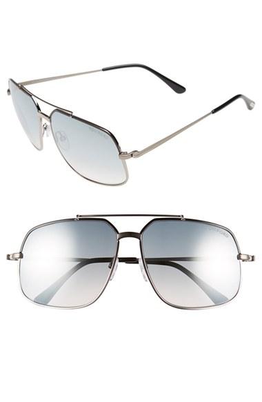 Women's Tom Ford 'ronnie' 60mm Aviator Sunglasses - Shiny Black/ Green Mirror