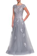 Women's La Femme Embellished Mesh A-line Gown - Grey