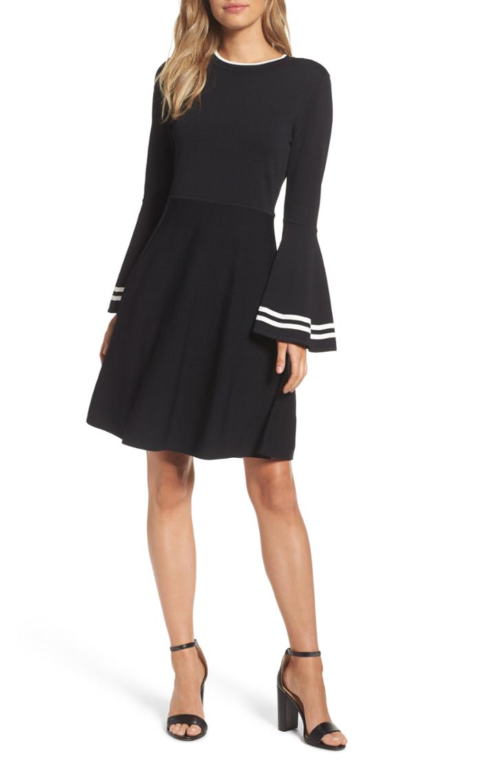 Women's Eliza J Stripe Bell Sleeve Fit & Flare Dress - Black