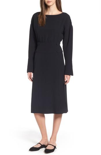 Women's Lewit Button Detail Matte Crepe Midi Dress - Black