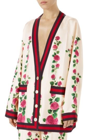 Women's Gucci Stripe Trim Rose Print Silk Cardigan Us / 38 It - Ivory