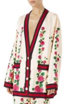 Women's Gucci Stripe Trim Rose Print Silk Cardigan Us / 38 It - Ivory