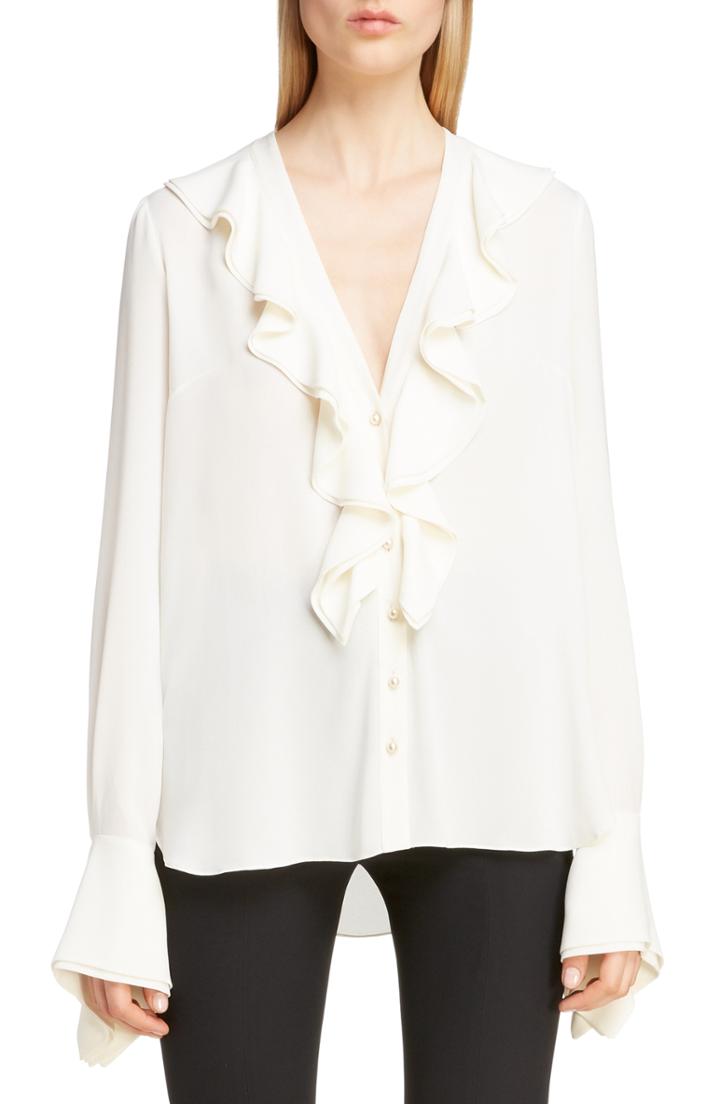 Women's Alexander Mcqueen Silk Georgette Ruffle Trim Blouse Us / 38 It - Black