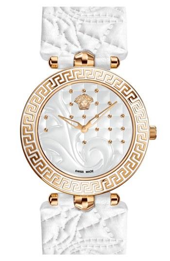 Women's Versace 'vanitas' Baroque Pattern Leather Strap Watch, 40mm