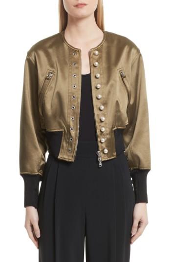 Women's 3.1 Phillip Lim Grommet & Faux Pearl Embellished Bomber Jacket - Green