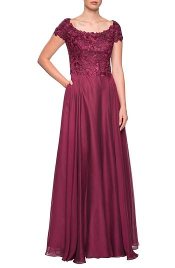 Women's La Femme Embellished Lace & Chiffon Gown - Red