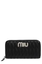 Women's Miu Miu Embellished Logo Matelasse Leather Zip Around Wallet - Black