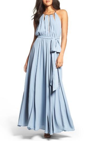 Women's Lulus Gold Metallic Halter Neck Chiffon Gown - Blue