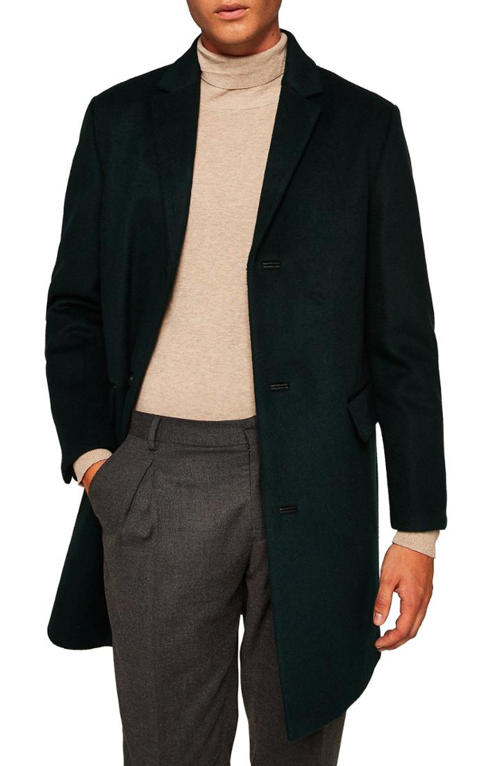 Men's Topman Wool Blend Overcoat, Size - Green