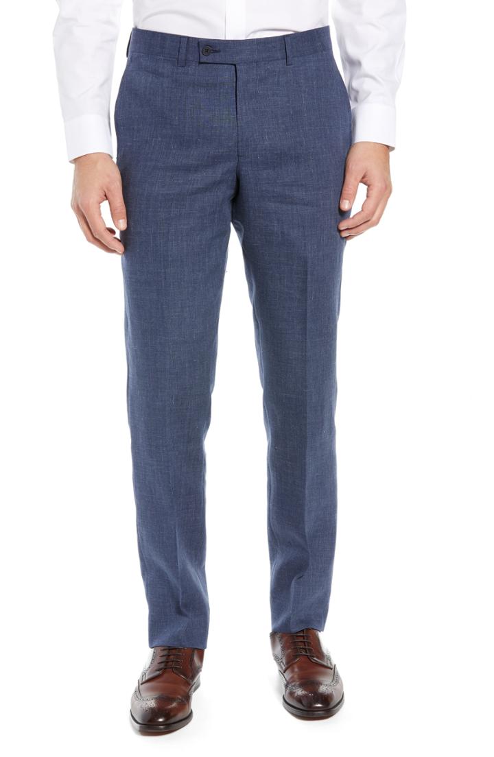 Men's Nordstrom Men's Shop Flat Front Melange Linen Trousers X - Blue