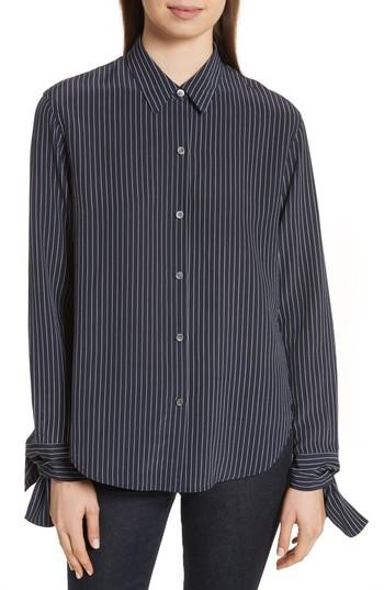 Women's Theory Tie Cuff Pinstripe Silk Blouse, Size - Blue