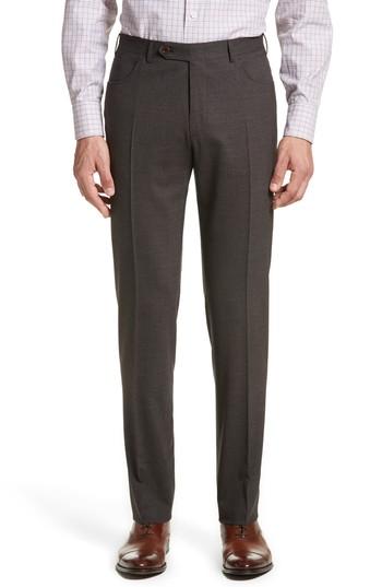 Men's Canali Flat Front Solid Wool Trousers R Eu - Brown