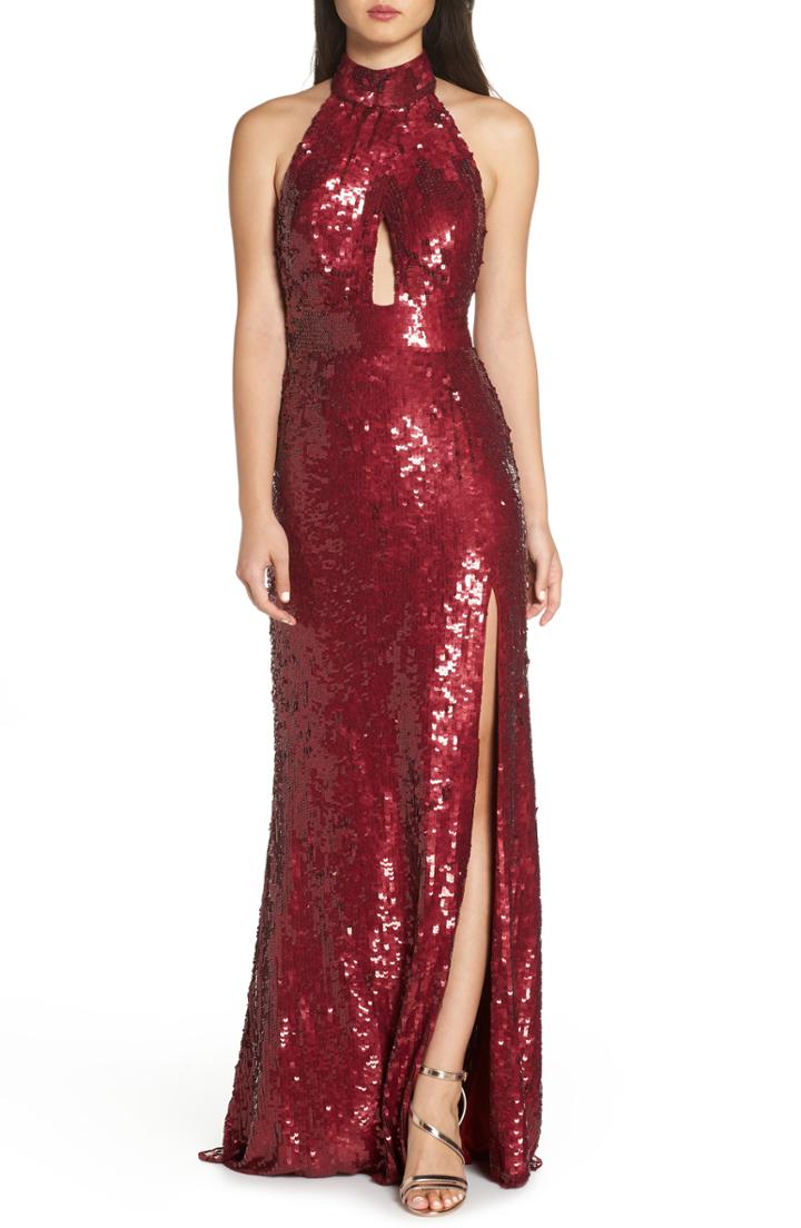 Women's Mac Duggal Scarf Back Sequin Gown - Red