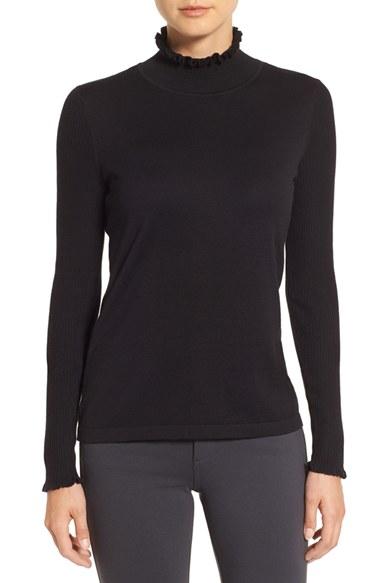 Women's Cece Rib Sleeve Ruffle Trim Turtleneck - Black
