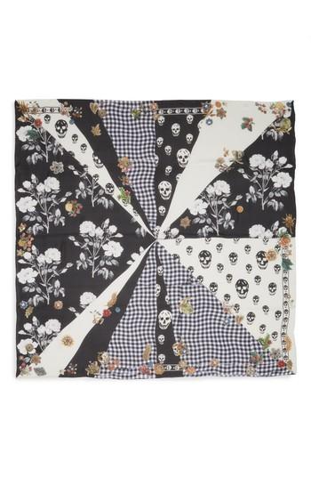 Women's Alexander Mcqueen Patched Gingham Rose Silk Shawl, Size - Black