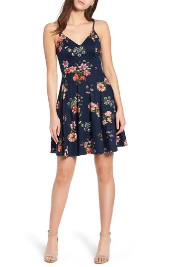 Women's Soprano Floral Print Strappy Skater Dress - Blue