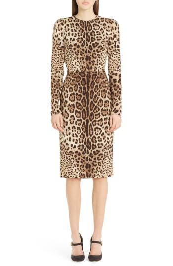 Women's Dolce & Gabbana Leopard Print Stretch Silk Sheath Dress Us / 38 It - Brown