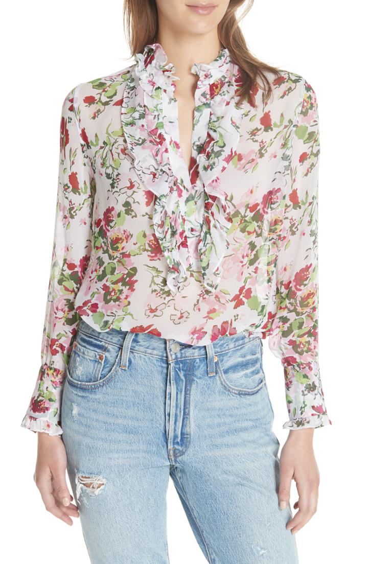 Women's Equipment Samine Floral Silk Chiffon Blouse, Size - White