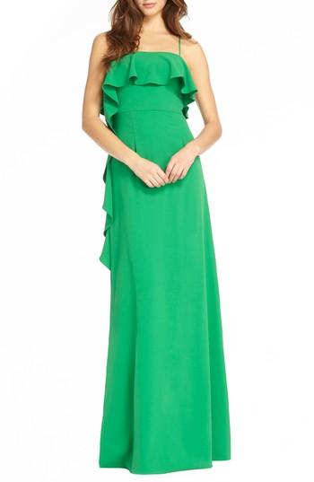 Women's Ml Monique Lhuillier Side Ruffle Spaghetti Strap Gown - Green