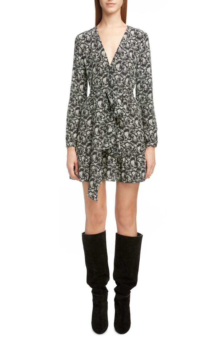 Women's Saint Laurent Smocked Silk Ruffle Minidress Us / 34 Fr - Black