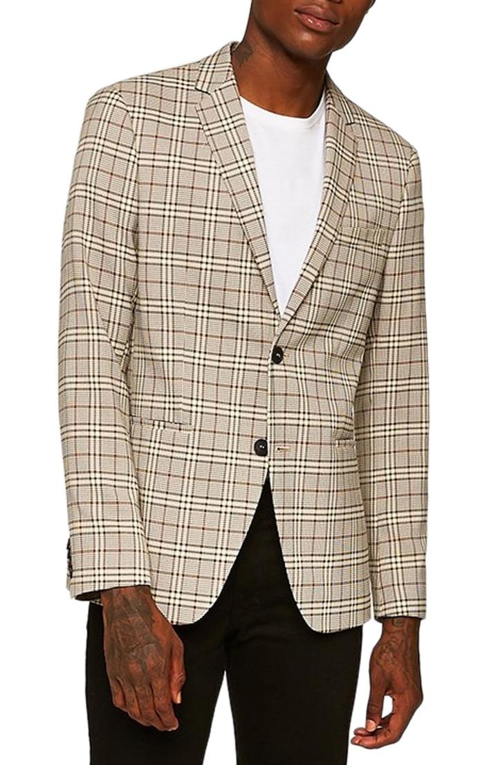 Men's Topman Slim Fit Check Blazer R - Beige