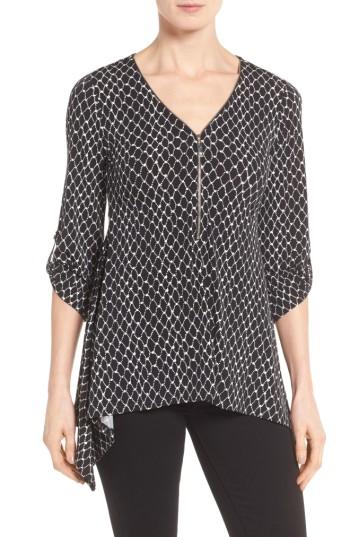 Women's Chaus Net Print Zip Front Top - Black