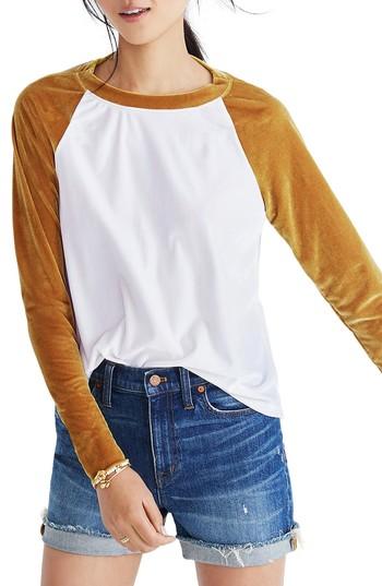 Women's Madewell Velvet Baseball Tee, Size - Yellow