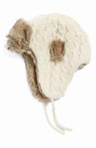 Women's Nirvanna Designs Cable Knit Ear Flap Hat With Faux Fur Trim - White