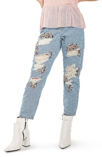 Women's Topshop Super Rip Gemstone Mom Jeans