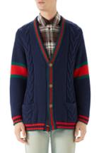 Men's Gucci Web Cable Knit Wool Cardigan - Blue