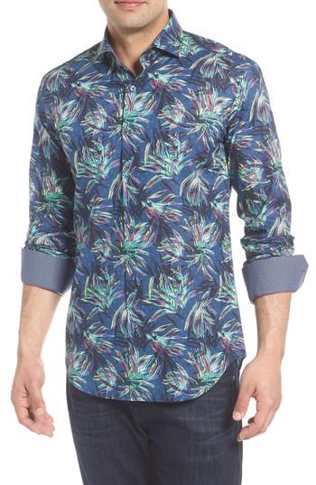 Men's Bugatchi Shaped Fit Birds Of Paradise Sport Shirt - Blue