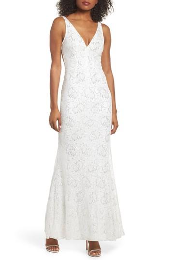 Women's Lulus Foil Lace Mermaid Gown - White
