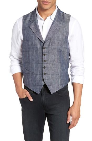 Men's Strong Suit Stag Trim Fit Windowpane Linen Vest R - Blue