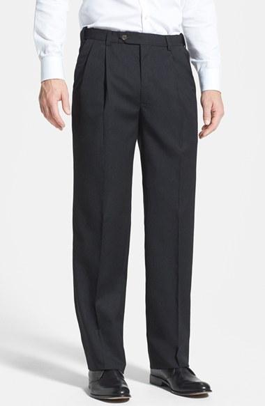 Men's Berle Self Sizer Waist Pleated Wool Gabardine Trousers X 30 - Black