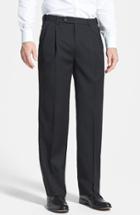 Men's Berle Self Sizer Waist Pleated Wool Gabardine Trousers X 30 - Black