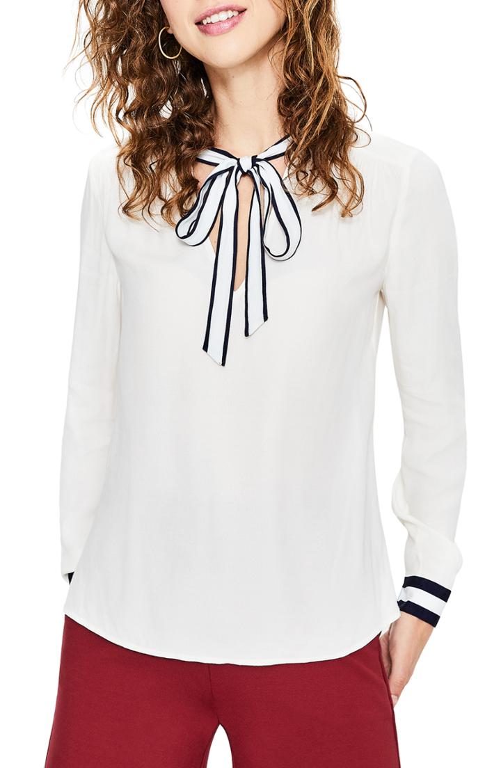 Women's Boden Stripe Detail Tie Neck Blouse - Ivory