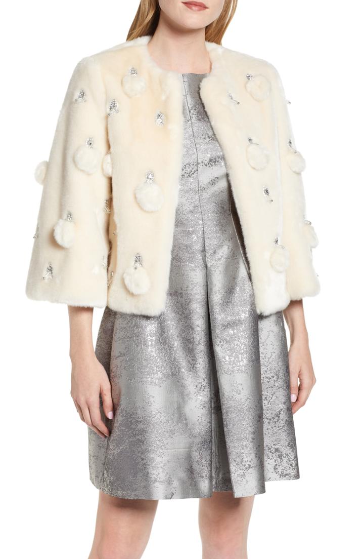 Women's Ted Baker London Billiee Embellished Cropped Faux Fur Jacket - Ivory