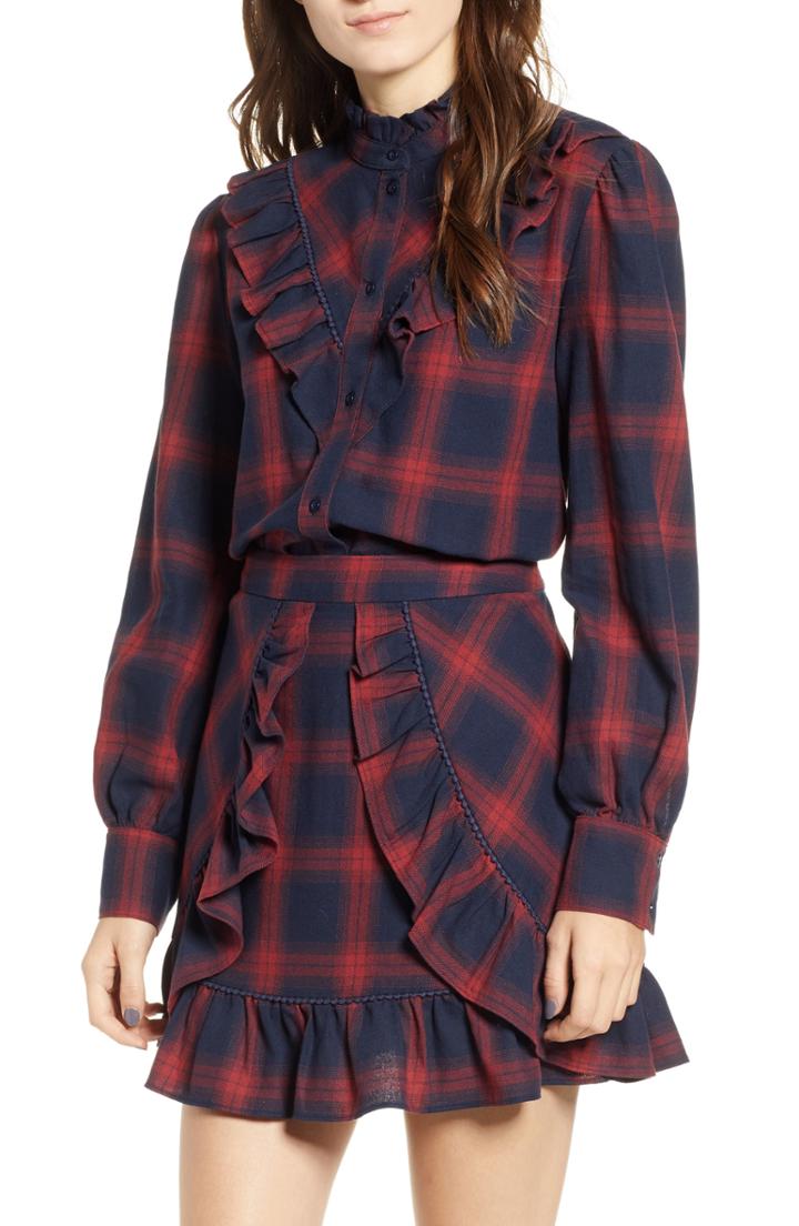 Women's The Fifth Label Nash Ruffle Plaid Top - Blue