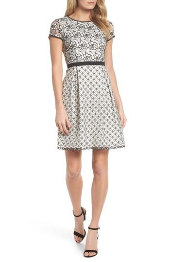 Petite Women's Adrianna Papell Lace Fit & Flare Dress P - Black