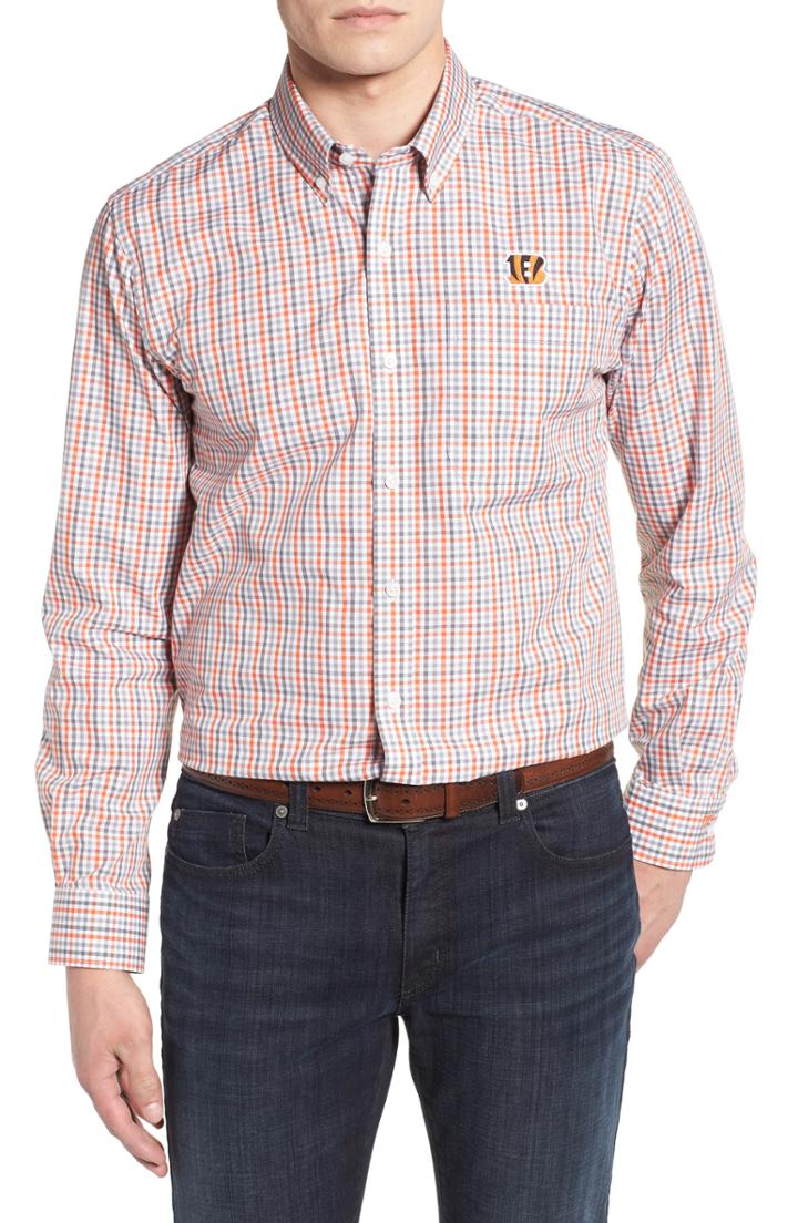 Men's Cutter & Buck Cincinnati Bengals - Gilman Regular Fit Plaid Sport Shirt, Size - Orange