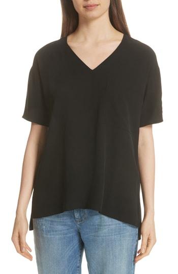 Women's Eileen Fisher V-neck Silk Tee, Size - Black