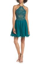 Women's Blondie Nites Halter Neck Applique Mesh Party Dress - Green