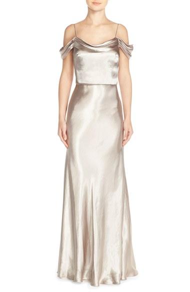 Women's Jenny Yoo 'sabine' Draped Pleat Neck Charmeuse Gown