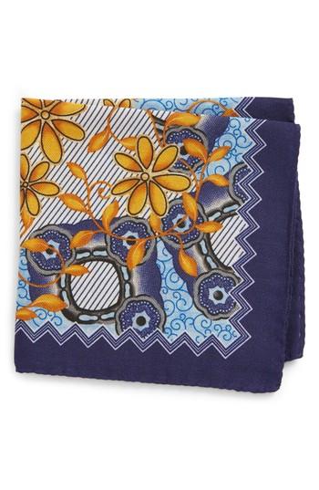 Men's Eton Floral Wool & Silk Pocket Square, Size - Blue