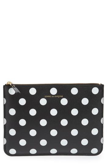 Men's Comme Des Garcons Polka Dot Top Zip Leather Pouch Wallet - Black