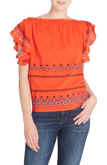 Women's Catherine Catherine Malandrino Barbara Embroidered Ruffle Sleeve Blouse - Red